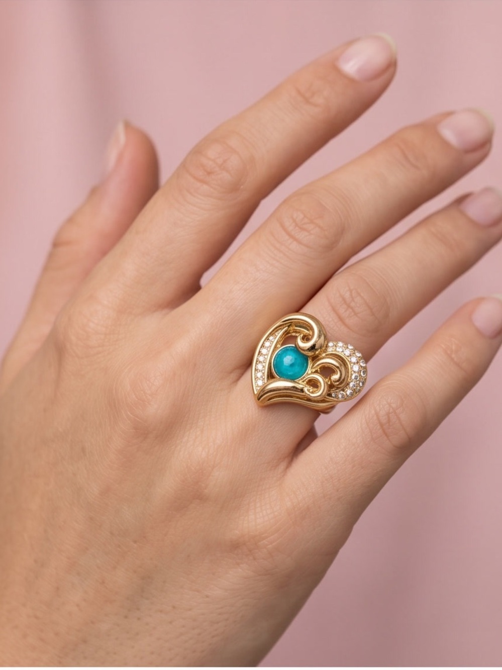 Heart Shape Statement Ring Yellow Gold Tone With Faux Turquoise Stone 7 3/4 NEW